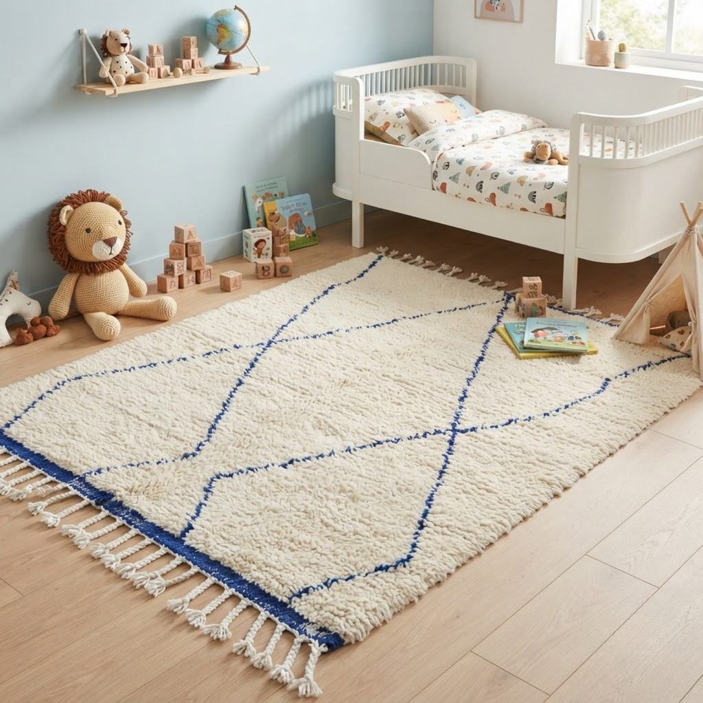 Handmade Moroccan Wool Rug Beni Ourain Style | Cobalt Blue Diamond Trellis on Natural Cream Atlas Carpet