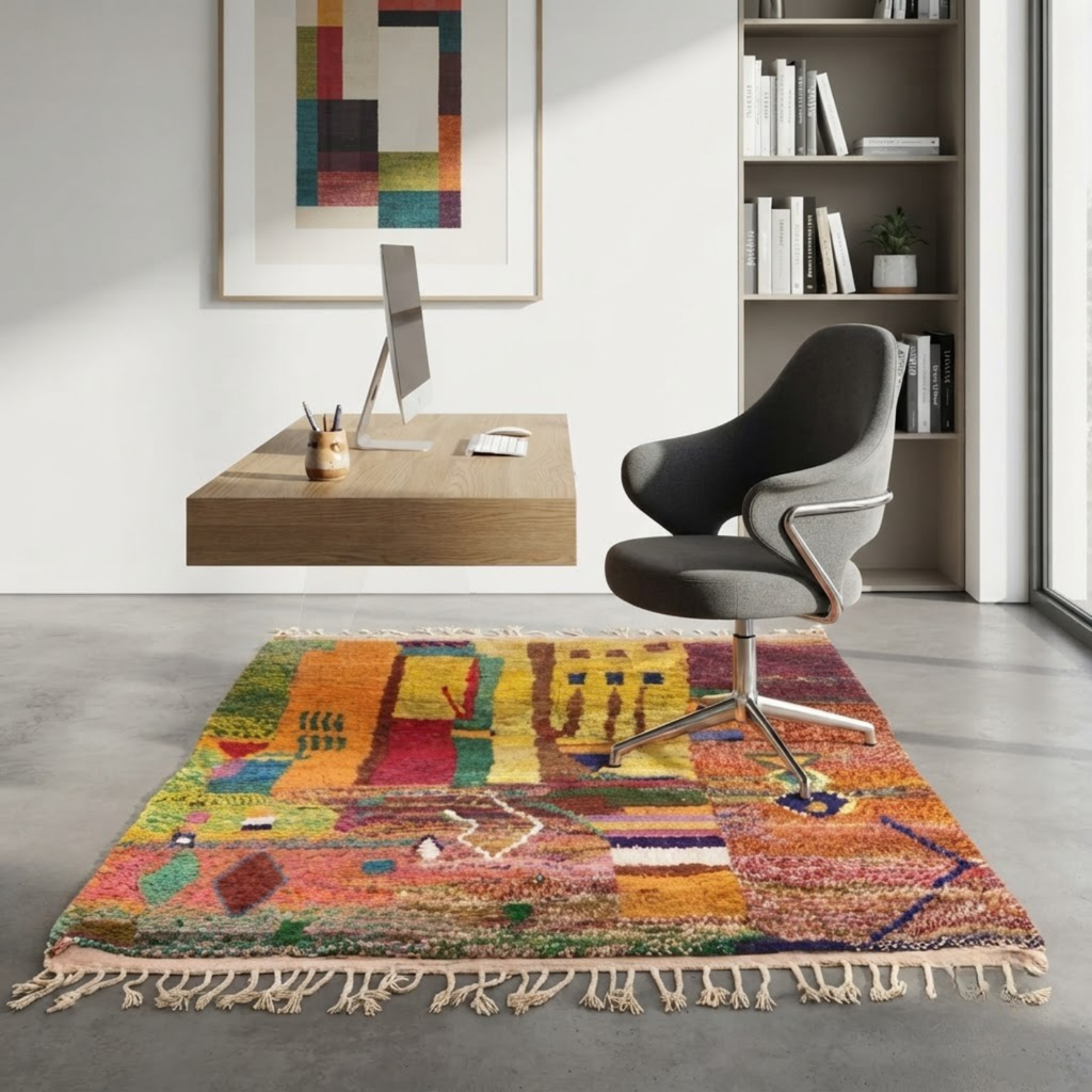 Handmade Moroccan Wool Rug Painterly Azilal Style | Abstract Expressionist Collage in Ochre, Terracotta & Jade Atlas Carpet