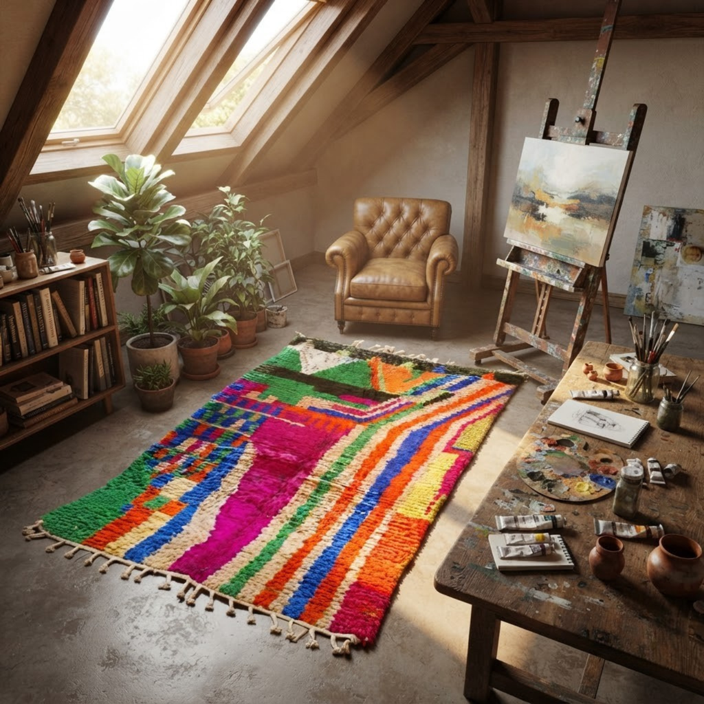 Handmade Moroccan Wool Rug Painterly Azilal / Boujaad Style | Abstract Expressionist Color Block in Fuchsia, Green & Orange Atlas Carpet