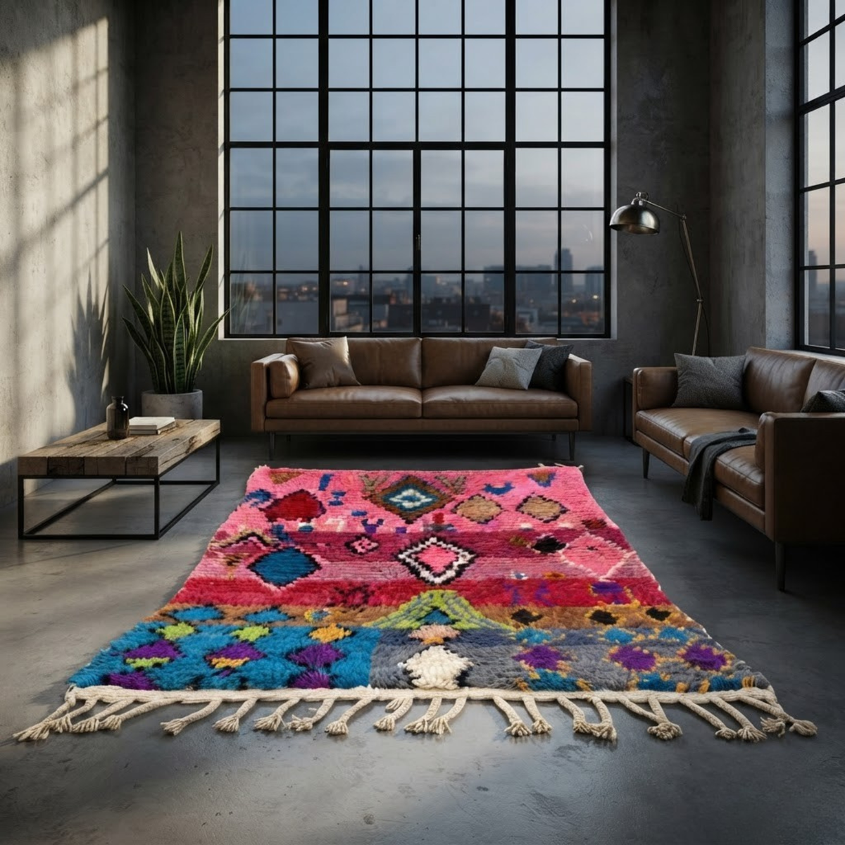 Handmade Moroccan Wool Rug Boujaad / Azilal Style | Tribal Diamond Talismans in Bubblegum Pink, Magenta & Turquoise Atlas Carpet