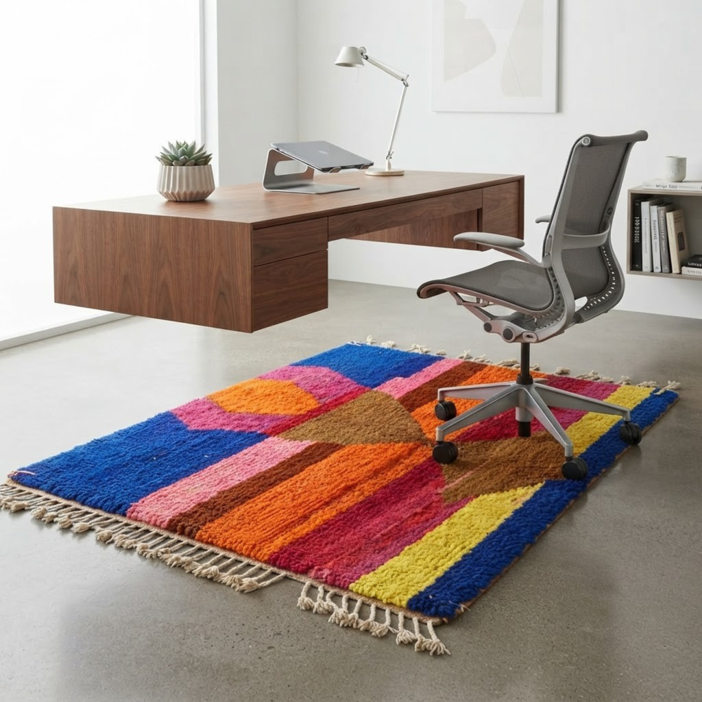 Handmade Moroccan Wool Rug Azilal / Boujaad Style | Central Totem Hourglass with Sunset Stripes & Cobalt Blue Atlas Carpet