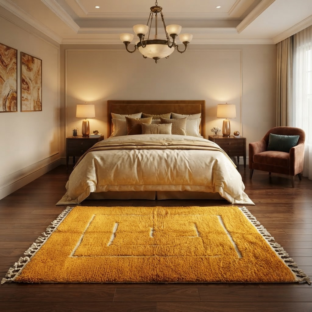 Handmade Moroccan Wool Rug Contemporary Beni Ourain Style | Concentric Rectangular Frames in Mustard Ochre & Ivory Atlas Carpet