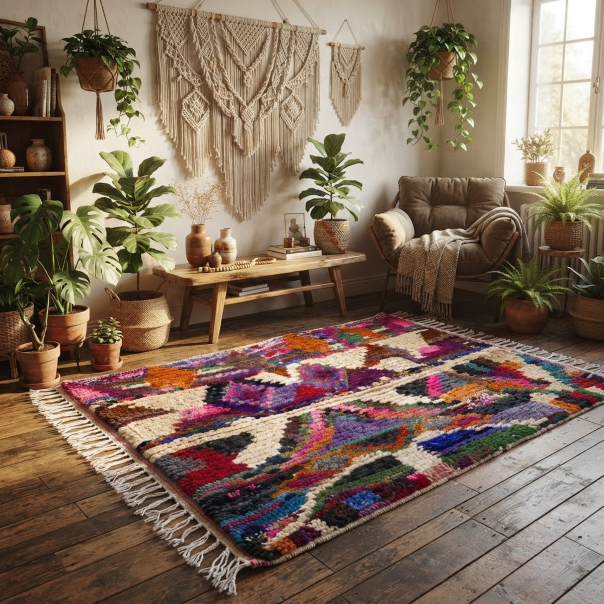 Handmade Moroccan Wool Rug Azilal / Boujaad Style | Sacred Tribal Pyramid & Diamond Motifs Atlas Carpet