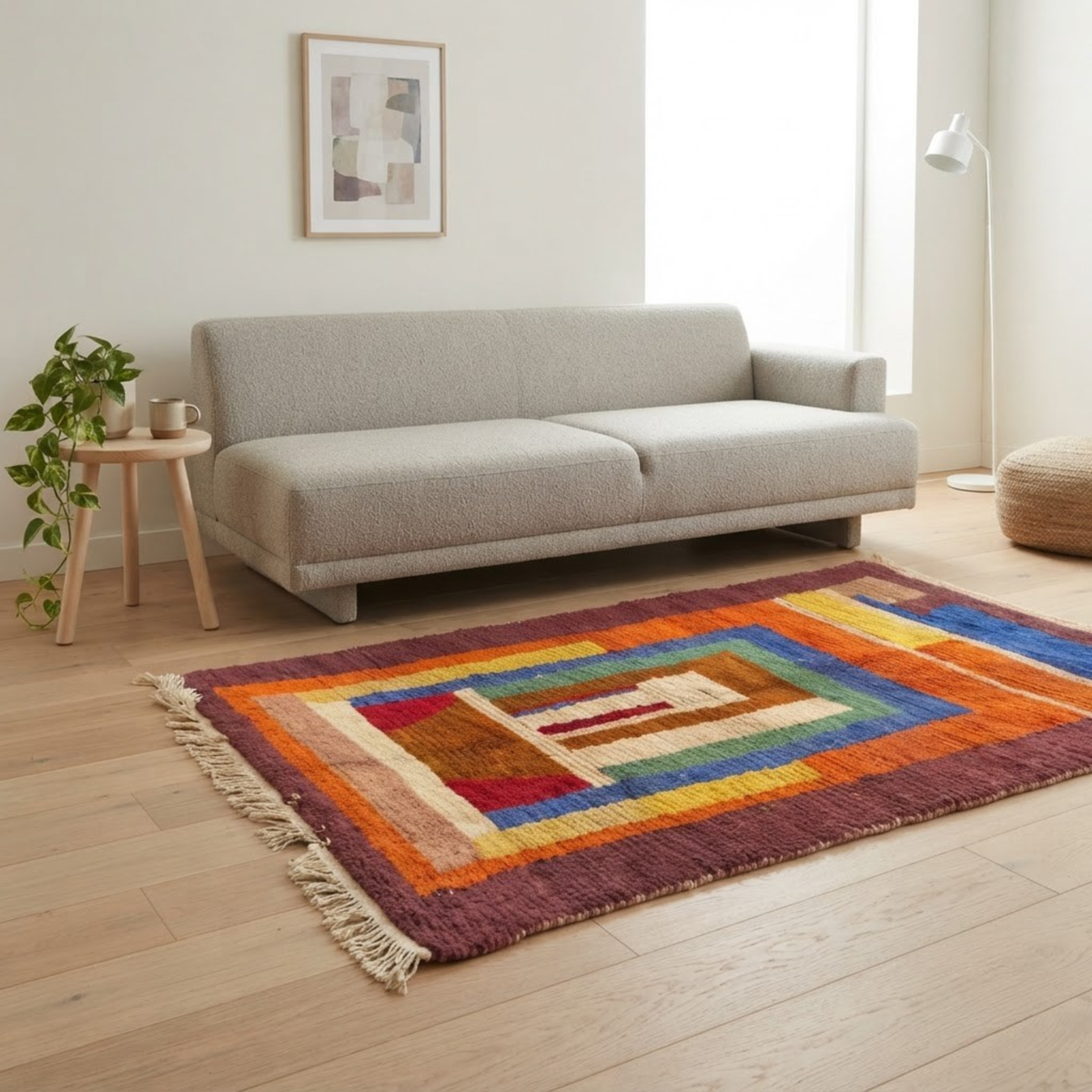 Handmade Moroccan Wool Rug Boujaad / Azilal Style | Concentric Portal Composition in Burnt Orange, Aubergine & Cobalt Blue Atlas Carpet