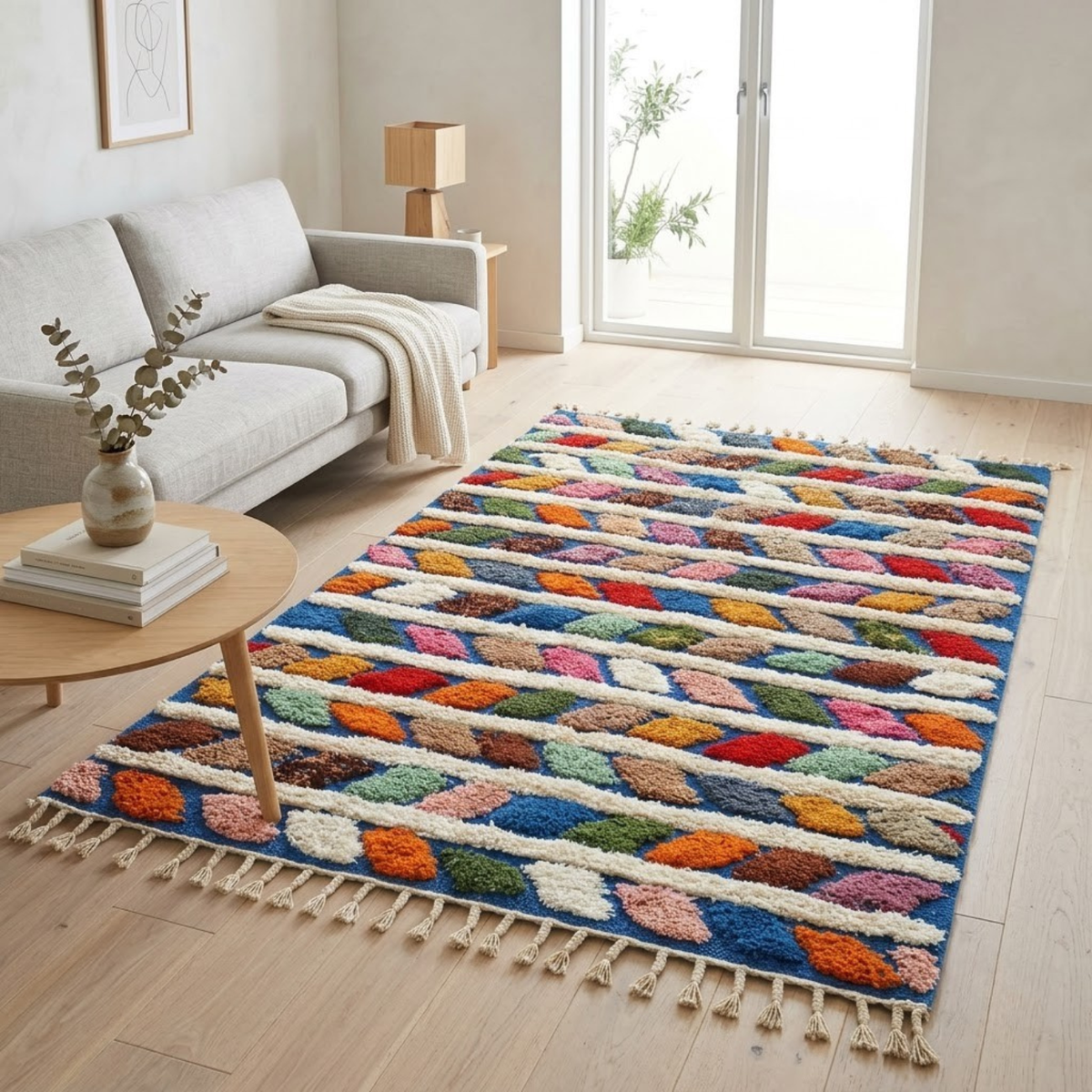Handmade Moroccan Wool Rug Azilal Style | Multicolor Braided Herringbone on Ocean Blue & Ivory Atlas Carpet