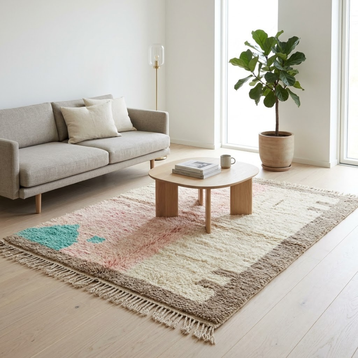 Handmade Moroccan Wool Rug Vintage Azilal / Boujaad Style | Abstract Pastel Blush, Emerald & Taupe Grey Atlas Carpet