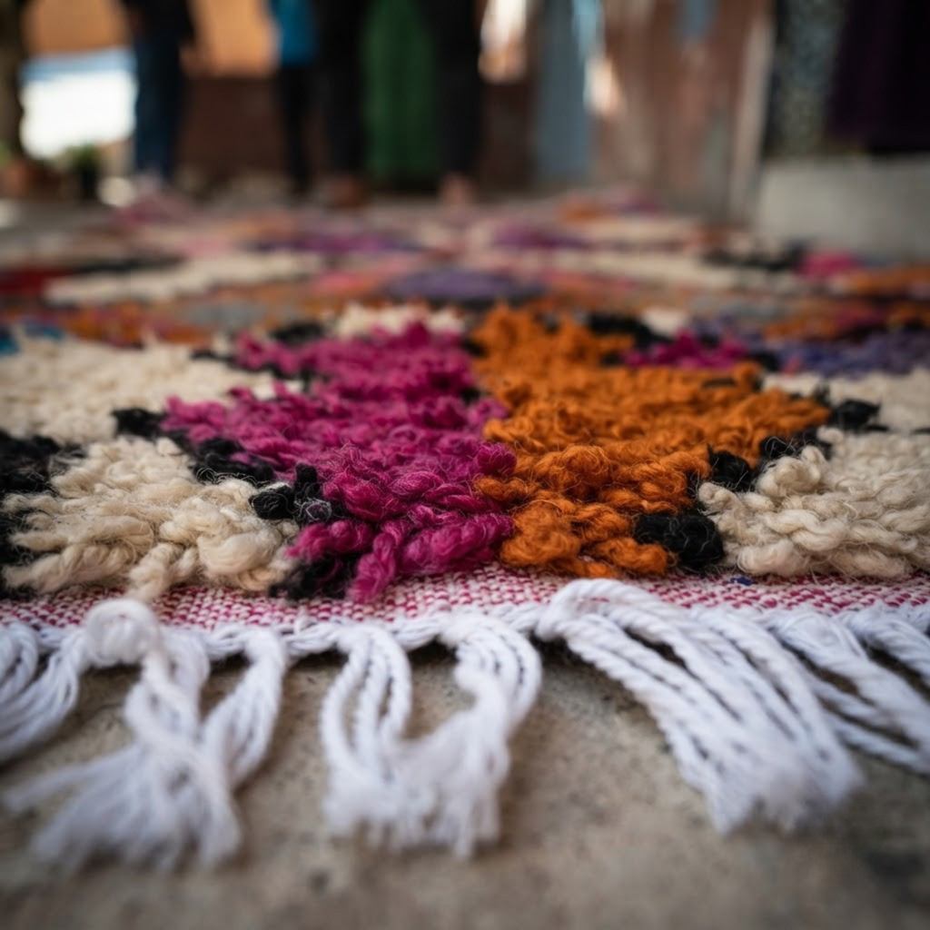 Handmade Moroccan Wool Rug Azilal / Boujaad Style | Sacred Tribal Pyramid & Diamond Motifs Atlas Carpet