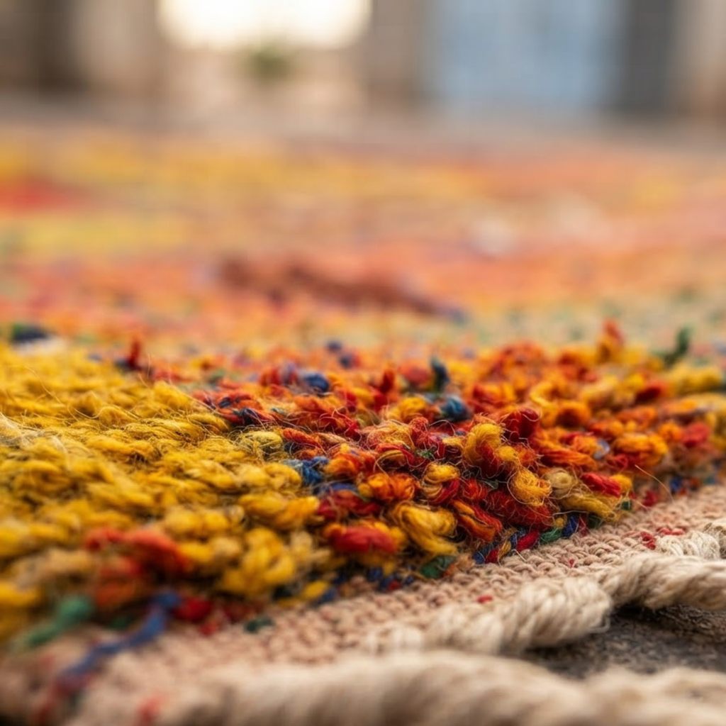 Handmade Moroccan Wool Rug Painterly Azilal Style | Abstract Expressionist Collage in Ochre, Terracotta & Jade Atlas Carpet