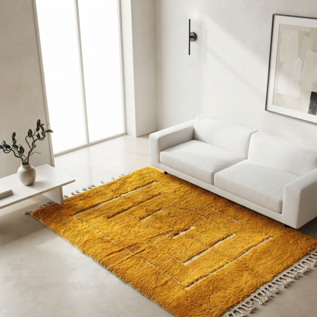 Handmade Moroccan Wool Rug Contemporary Beni Ourain Style | Concentric Rectangular Frames in Mustard Ochre & Ivory Atlas Carpet