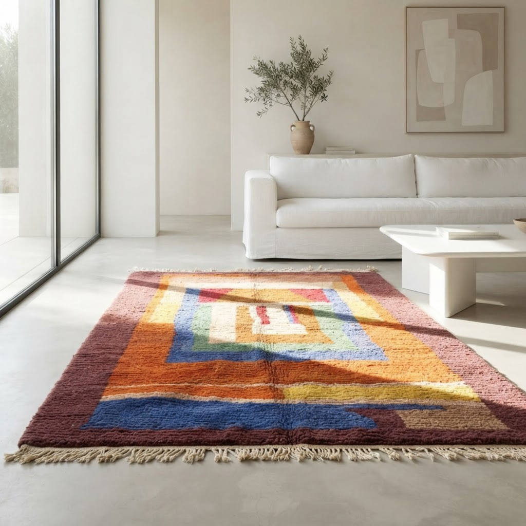Handmade Moroccan Wool Rug Boujaad / Azilal Style | Concentric Portal Composition in Burnt Orange, Aubergine & Cobalt Blue Atlas Carpet