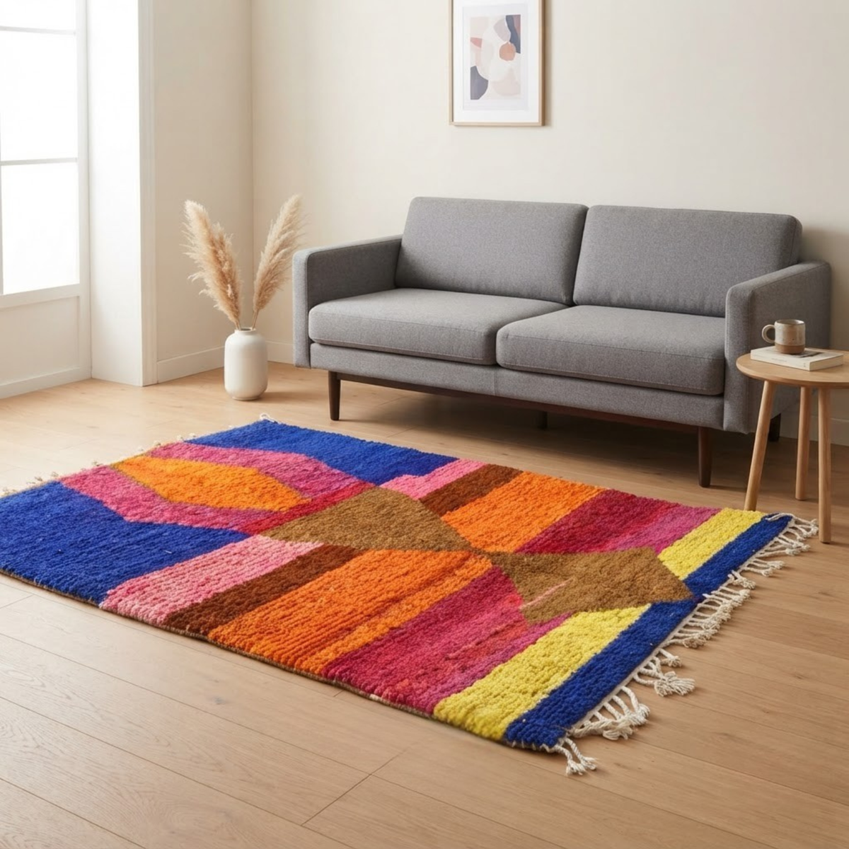 Handmade Moroccan Wool Rug Azilal / Boujaad Style | Central Totem Hourglass with Sunset Stripes & Cobalt Blue Atlas Carpet