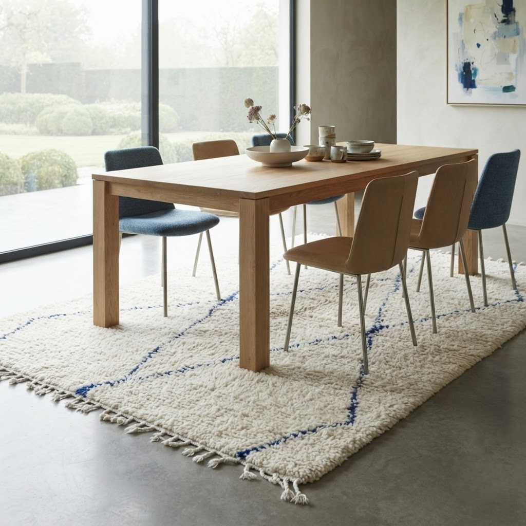 Handmade Moroccan Wool Rug Beni Ourain Style | Cobalt Blue Diamond Trellis on Natural Cream Atlas Carpet