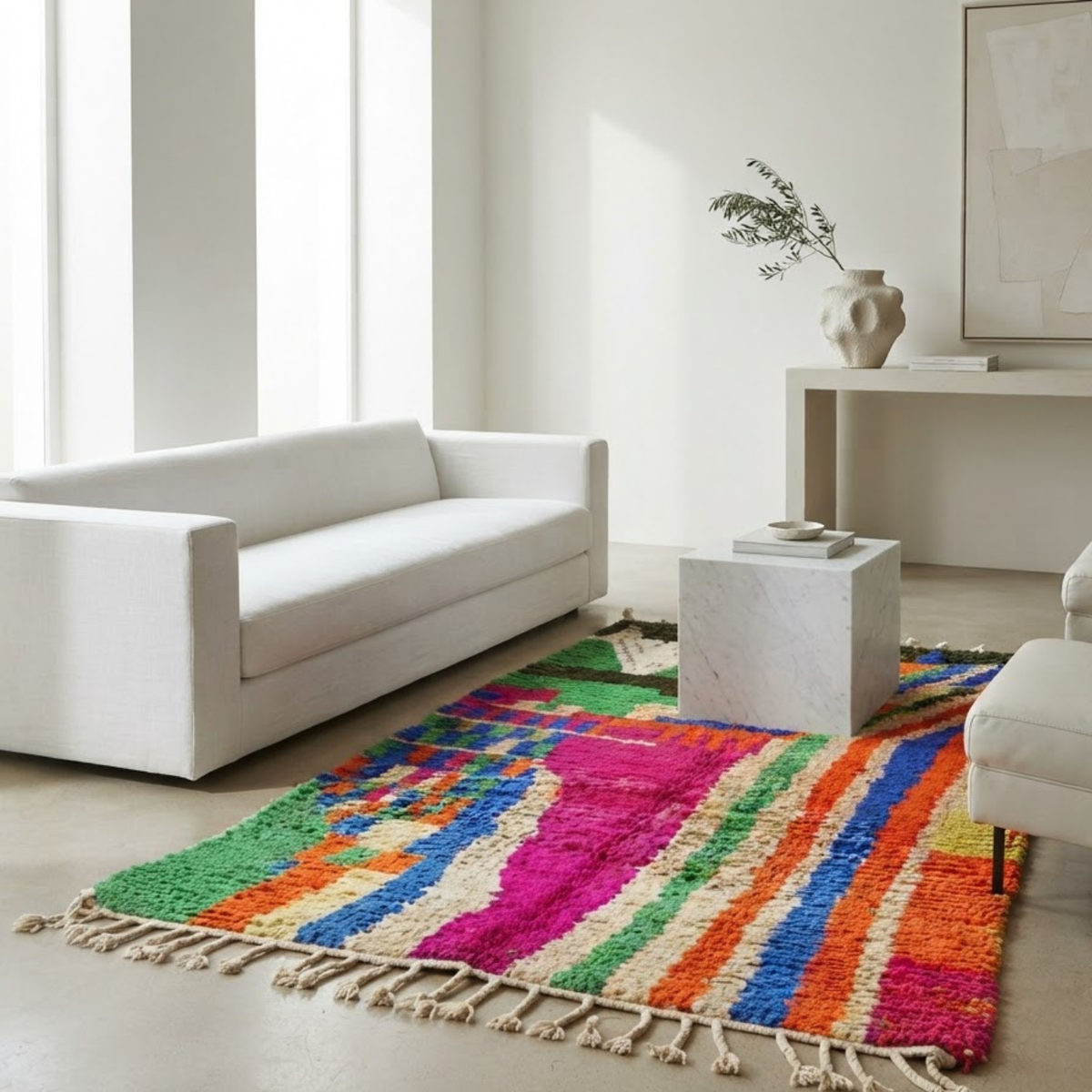 Handmade Moroccan Wool Rug Painterly Azilal / Boujaad Style | Abstract Expressionist Color Block in Fuchsia, Green & Orange Atlas Carpet