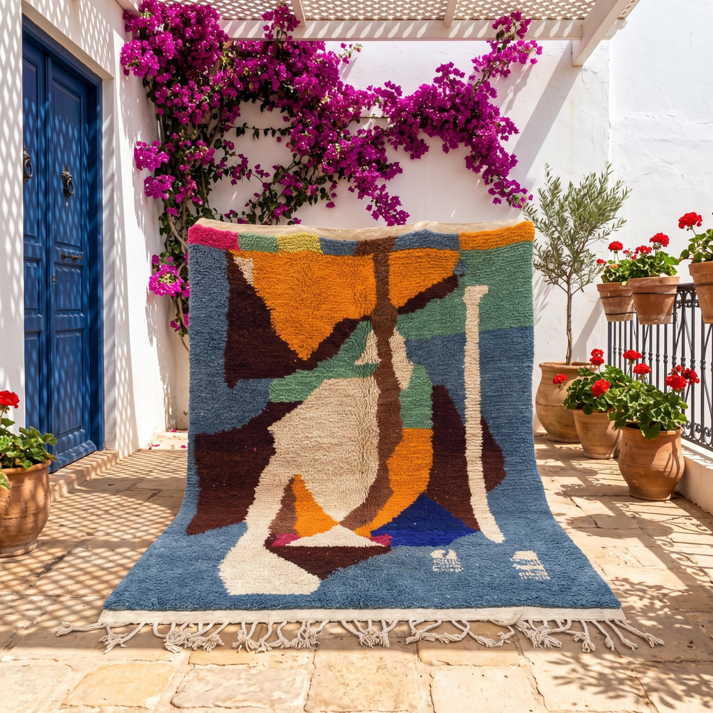 Handmade Moroccan Wool Rug Azilal Style | Abstract Cubist Art Composition in Denim Blue, Ochre & Sage Atlas Carpet