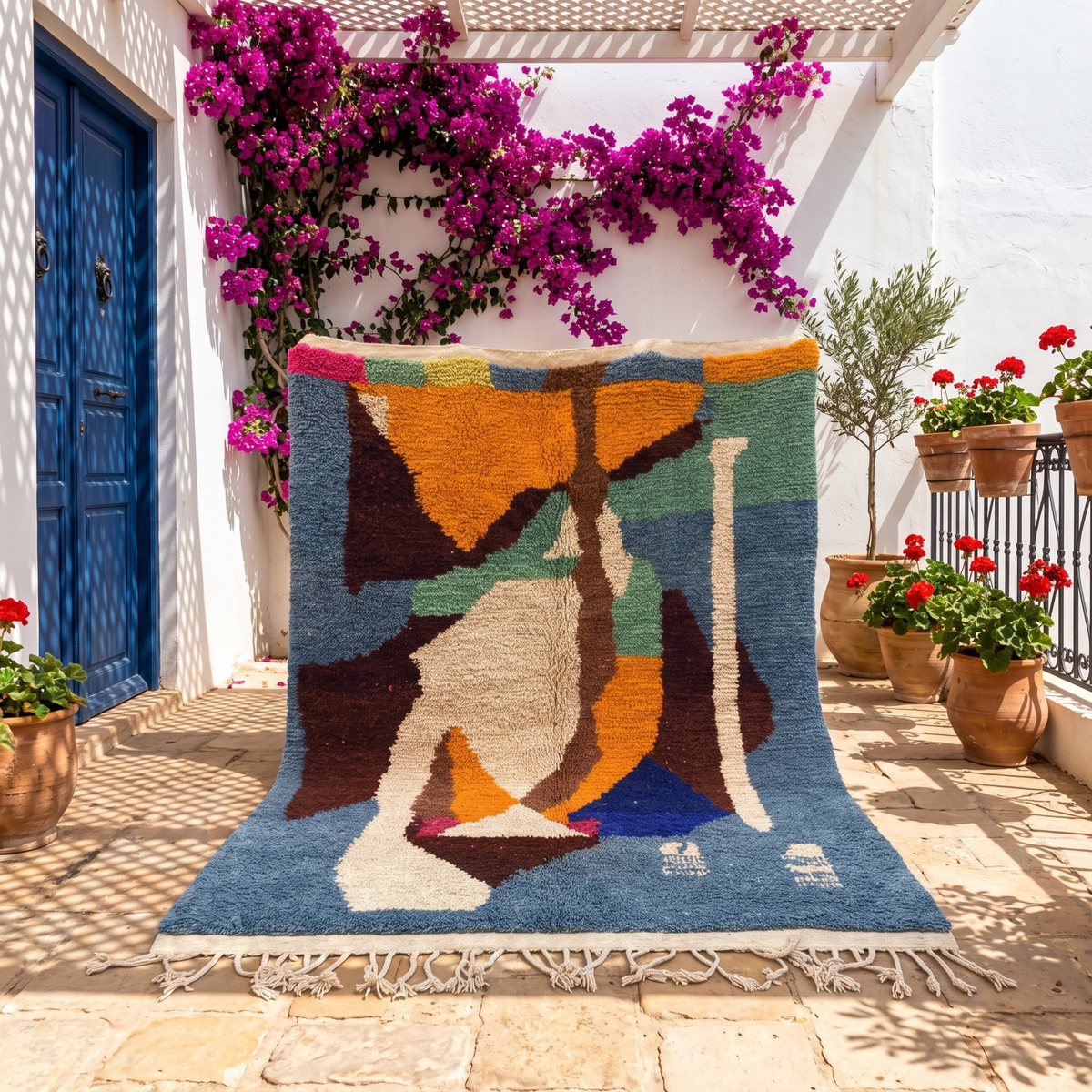 Handmade Moroccan Wool Rug Azilal Style | Abstract Cubist Art Composition in Denim Blue, Ochre & Sage Atlas Carpet