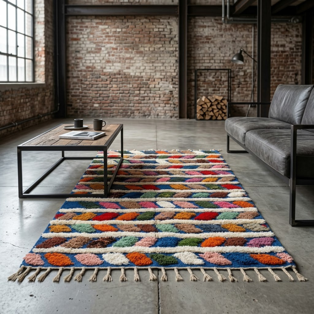 Handmade Moroccan Wool Rug Azilal Style | Multicolor Braided Herringbone on Ocean Blue & Ivory Atlas Carpet