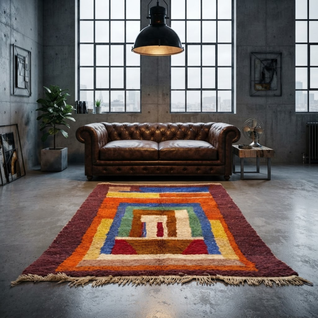Handmade Moroccan Wool Rug Boujaad / Azilal Style | Concentric Portal Composition in Burnt Orange, Aubergine & Cobalt Blue Atlas Carpet