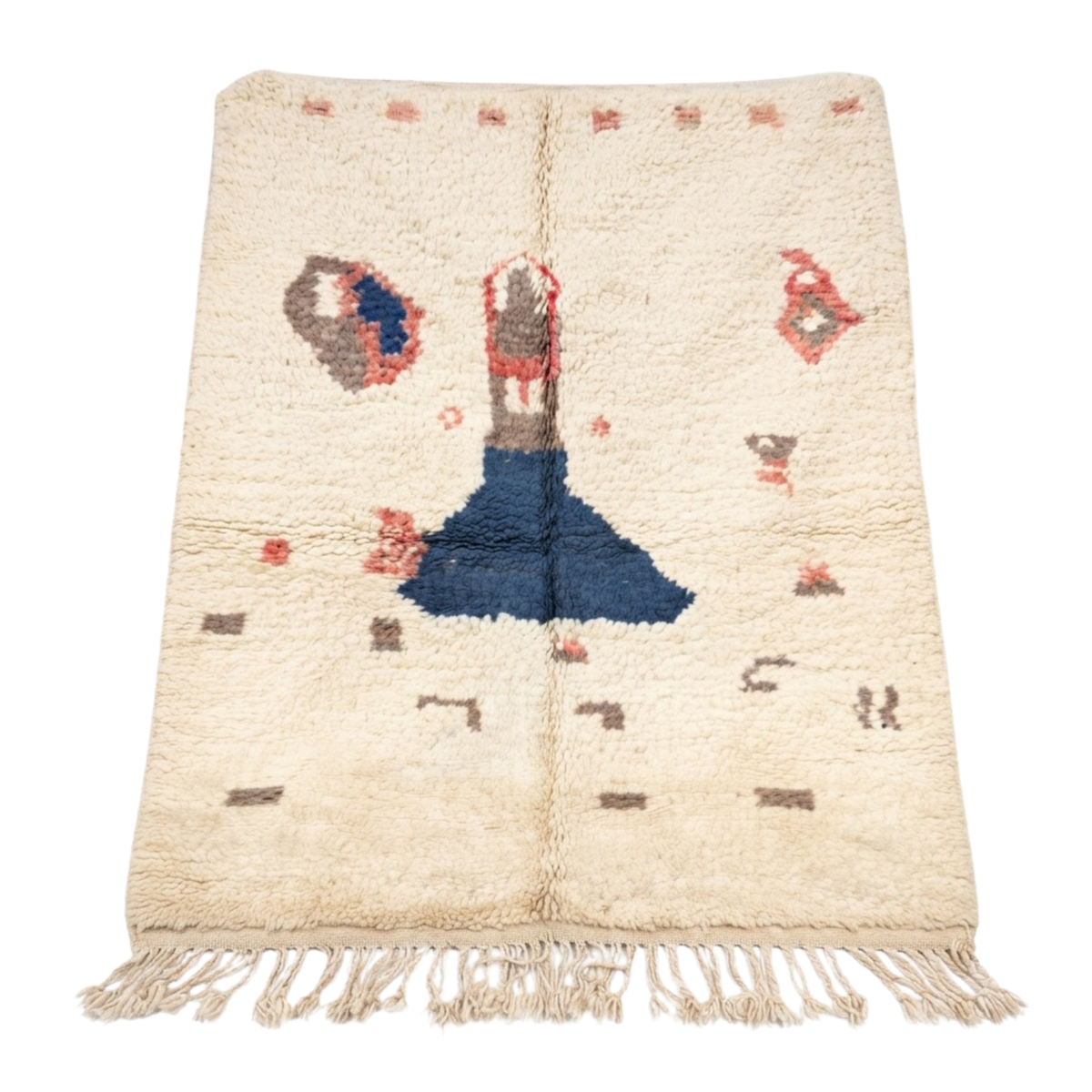 Handmade Moroccan Wool Rug Vintage Azilal Style | Central Totem Motif in Indigo Blue & Coral on Cream Atlas Carpet