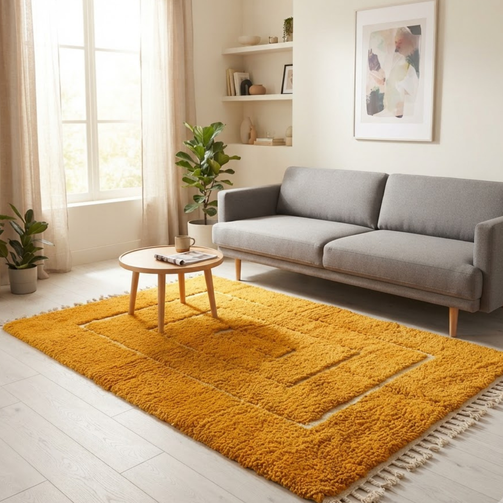 Handmade Moroccan Wool Rug Contemporary Beni Ourain Style | Concentric Rectangular Frames in Mustard Ochre & Ivory Atlas Carpet