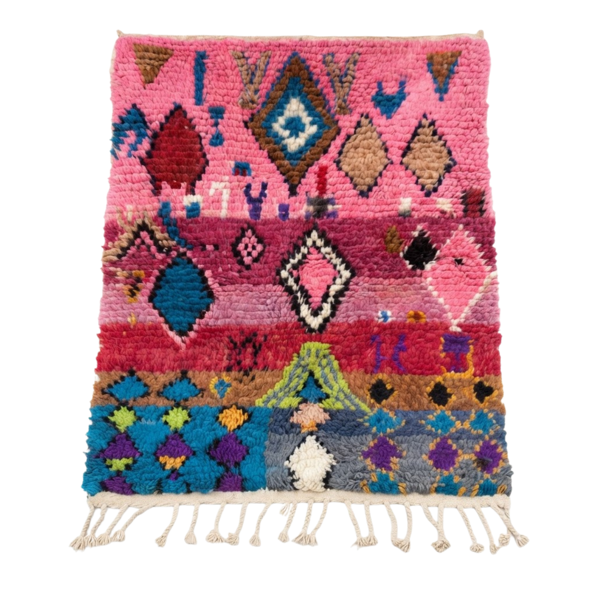 Handmade Moroccan Wool Rug Boujaad / Azilal Style | Tribal Diamond Talismans in Bubblegum Pink, Magenta & Turquoise Atlas Carpet