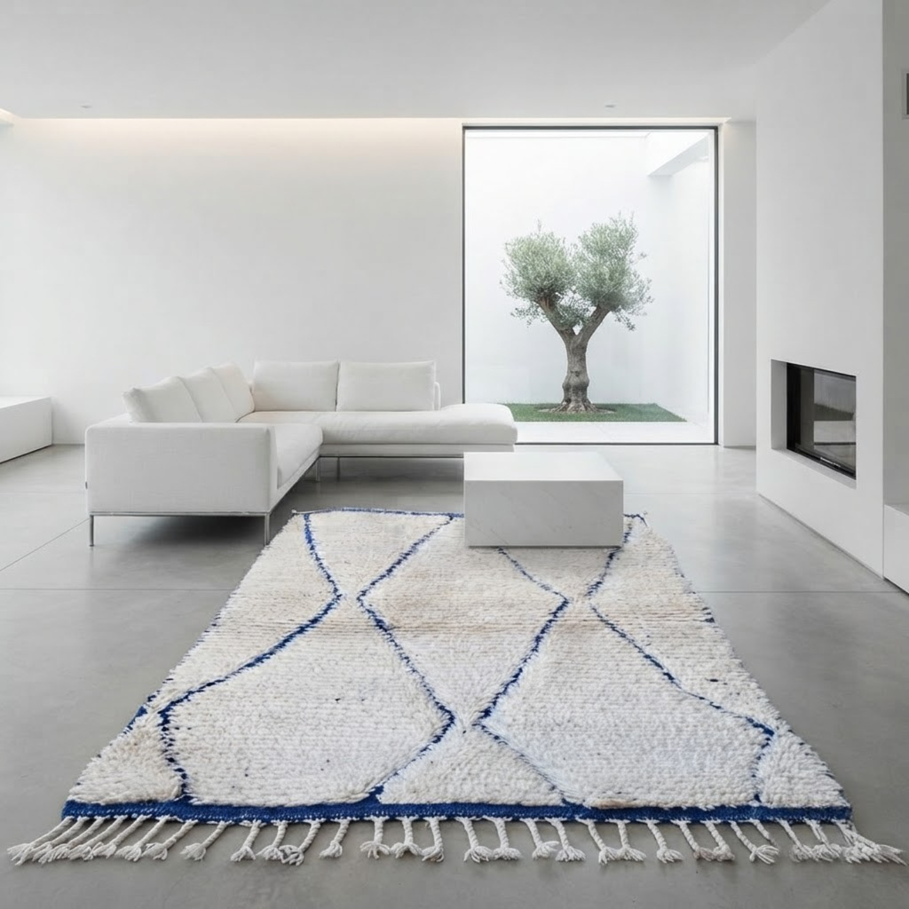 Handmade Moroccan Wool Rug Beni Ourain Style | Cobalt Blue Diamond Trellis on Natural Cream Atlas Carpet