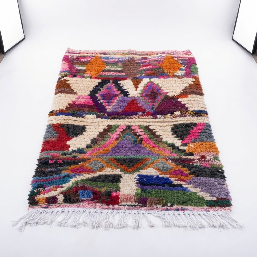 Handmade Moroccan Wool Rug Azilal / Boujaad Style | Sacred Tribal Pyramid & Diamond Motifs Atlas Carpet