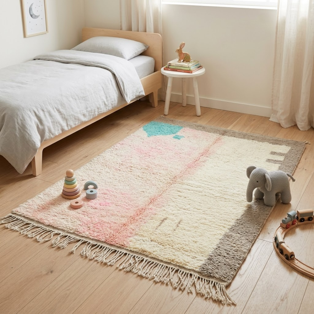 Handmade Moroccan Wool Rug Vintage Azilal / Boujaad Style | Abstract Pastel Blush, Emerald & Taupe Grey Atlas Carpet