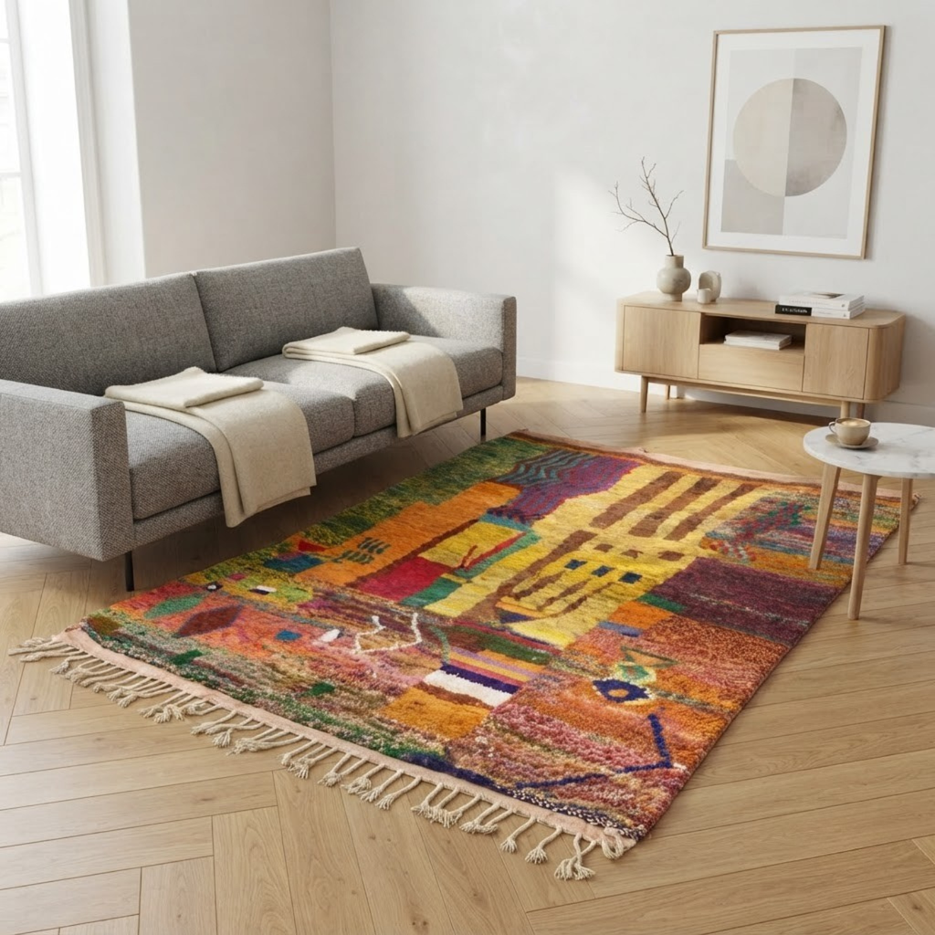 Handmade Moroccan Wool Rug Painterly Azilal Style | Abstract Expressionist Collage in Ochre, Terracotta & Jade Atlas Carpet