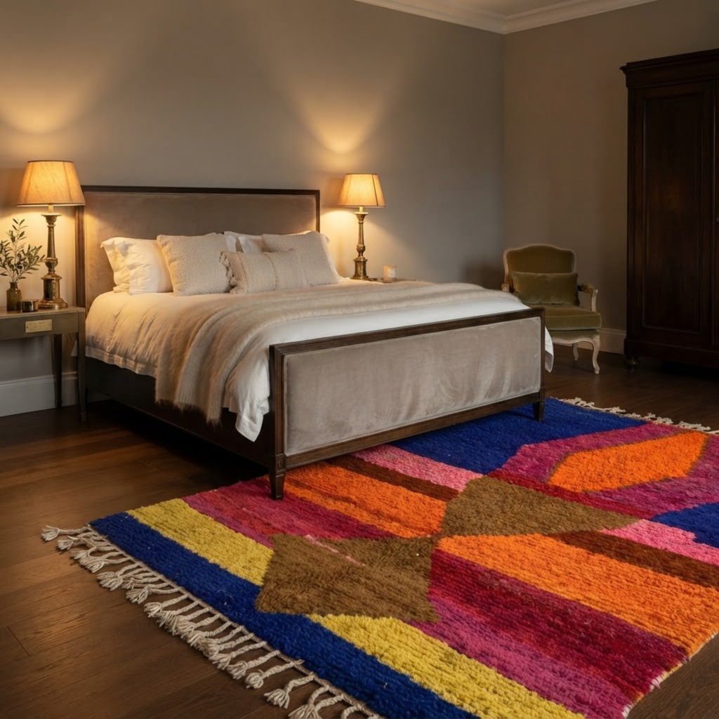 Handmade Moroccan Wool Rug Azilal / Boujaad Style | Central Totem Hourglass with Sunset Stripes & Cobalt Blue Atlas Carpet