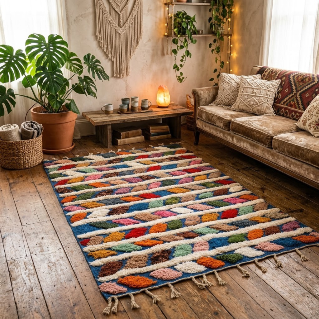 Handmade Moroccan Wool Rug Azilal Style | Multicolor Braided Herringbone on Ocean Blue & Ivory Atlas Carpet
