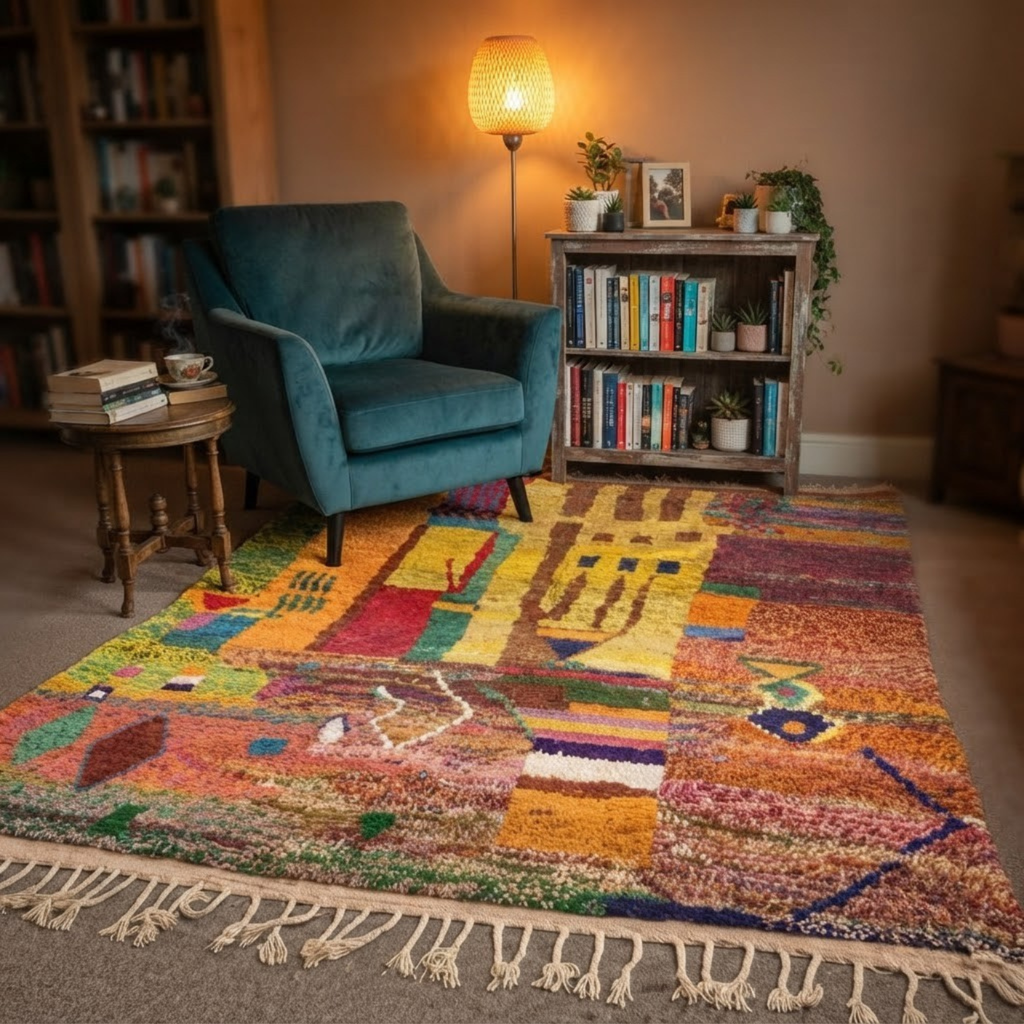 Handmade Moroccan Wool Rug Painterly Azilal Style | Abstract Expressionist Collage in Ochre, Terracotta & Jade Atlas Carpet