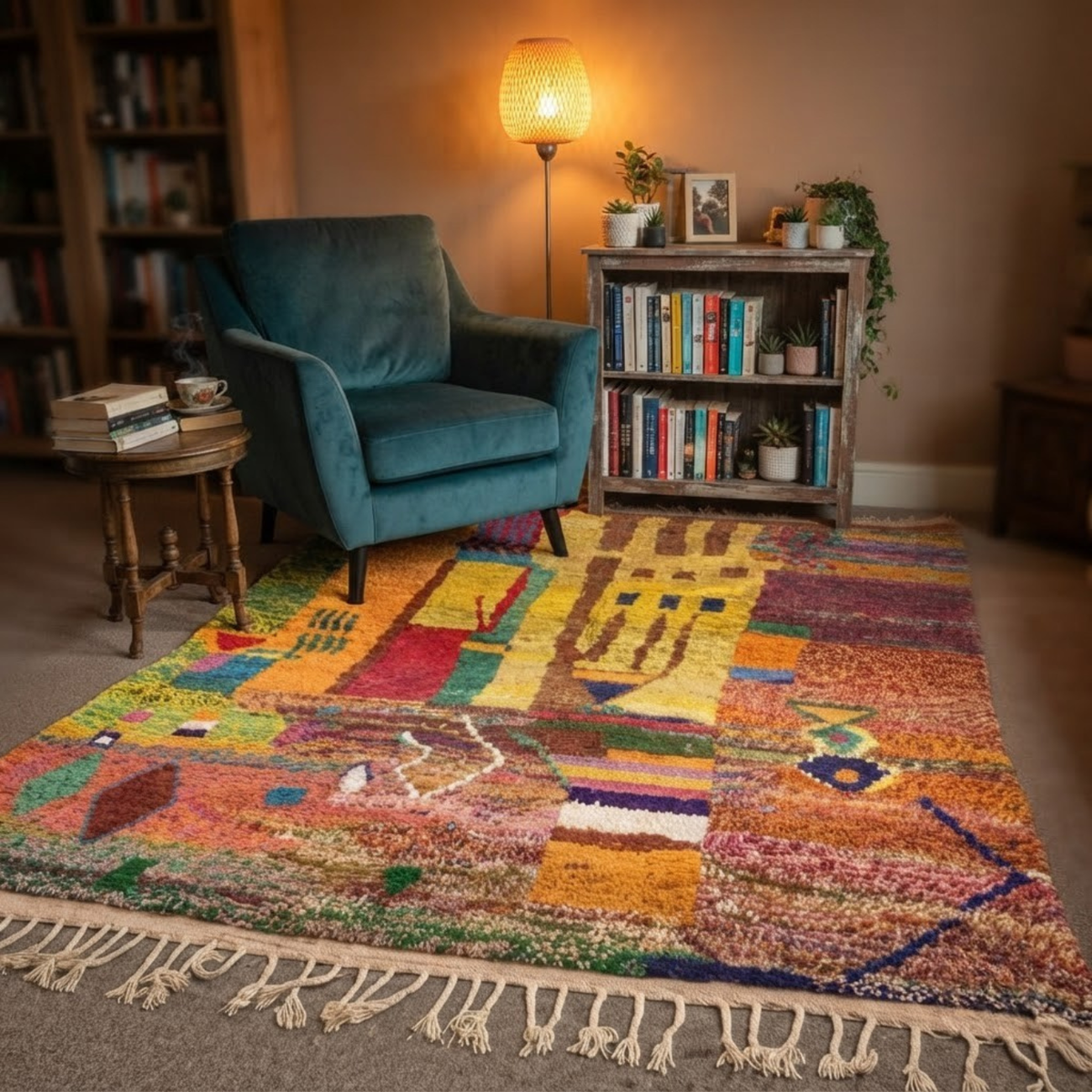 Handmade Moroccan Wool Rug Painterly Azilal Style | Abstract Expressionist Collage in Ochre, Terracotta & Jade Atlas Carpet