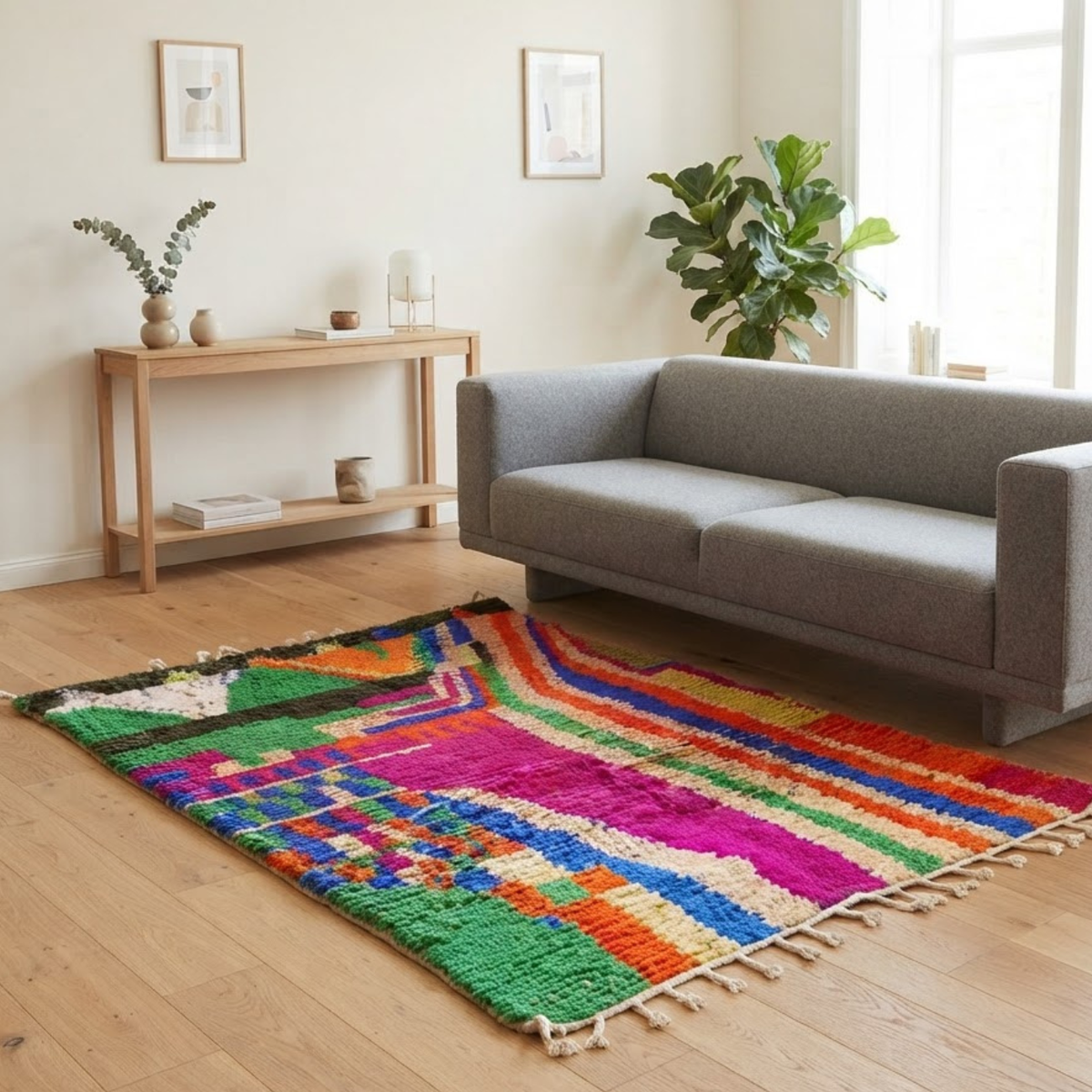 Handmade Moroccan Wool Rug Painterly Azilal / Boujaad Style | Abstract Expressionist Color Block in Fuchsia, Green & Orange Atlas Carpet