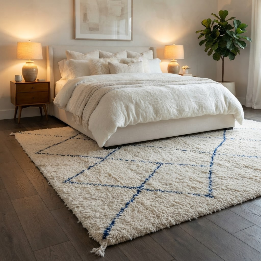 Handmade Moroccan Wool Rug Beni Ourain Style | Cobalt Blue Diamond Trellis on Natural Cream Atlas Carpet