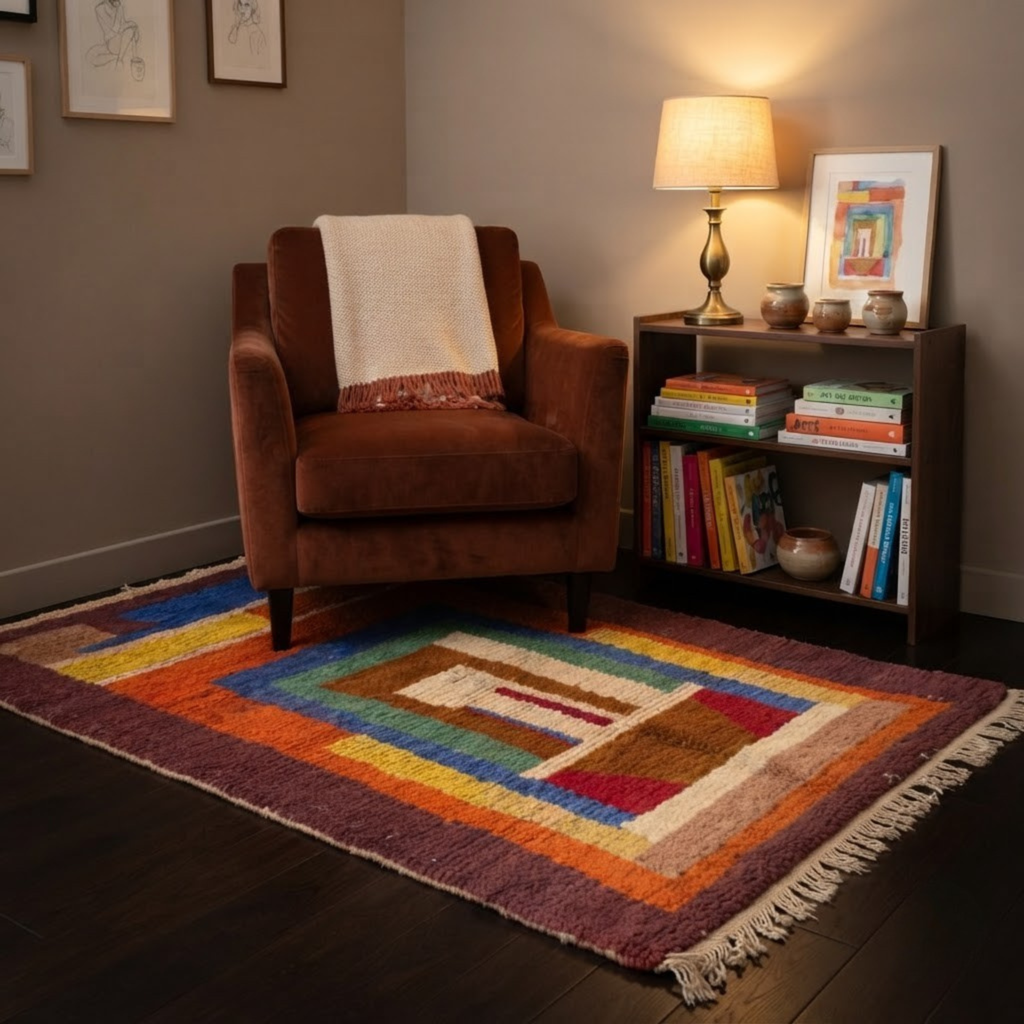 Handmade Moroccan Wool Rug Boujaad / Azilal Style | Concentric Portal Composition in Burnt Orange, Aubergine & Cobalt Blue Atlas Carpet