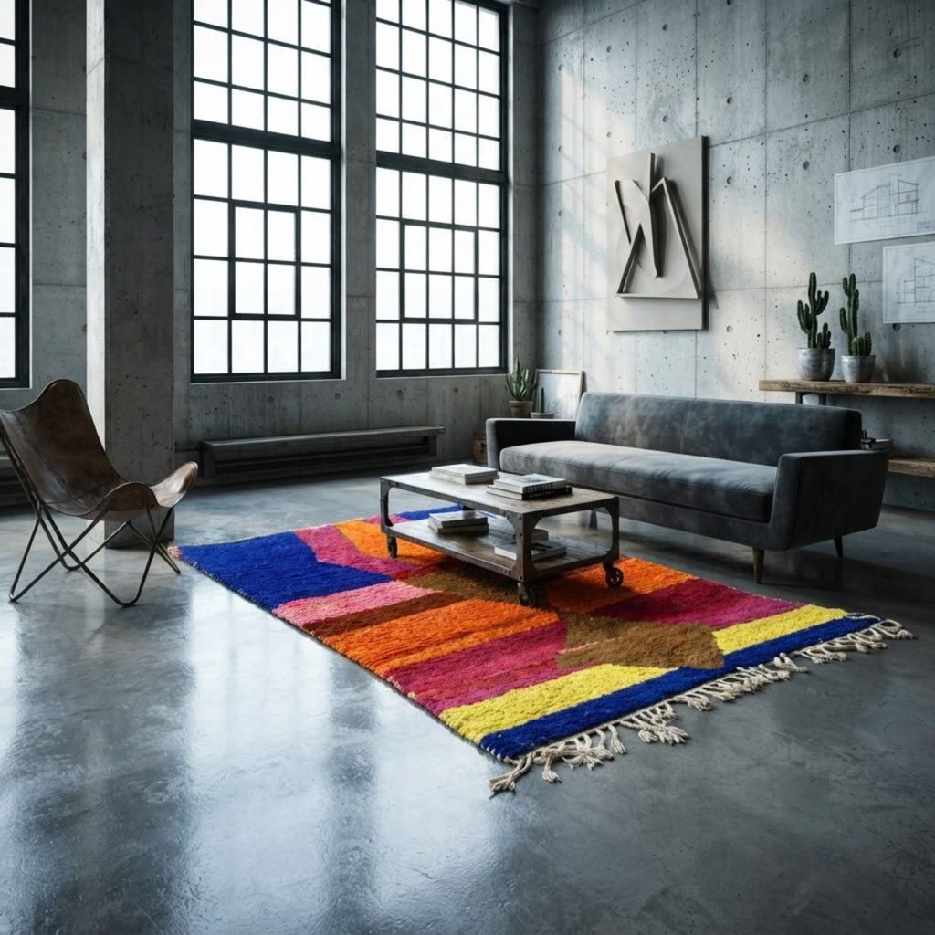 Handmade Moroccan Wool Rug Azilal / Boujaad Style | Central Totem Hourglass with Sunset Stripes & Cobalt Blue Atlas Carpet
