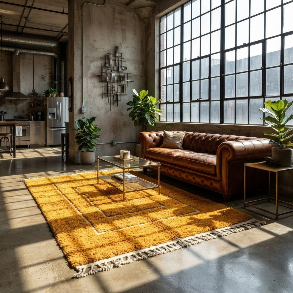 Handmade Moroccan Wool Rug Contemporary Beni Ourain Style | Concentric Rectangular Frames in Mustard Ochre & Ivory Atlas Carpet