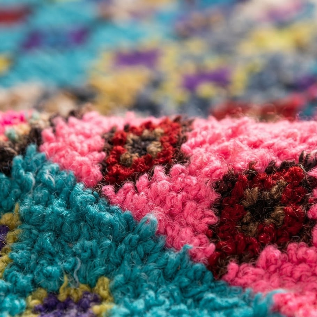 Handmade Moroccan Wool Rug Boujaad / Azilal Style | Tribal Diamond Talismans in Bubblegum Pink, Magenta & Turquoise Atlas Carpet