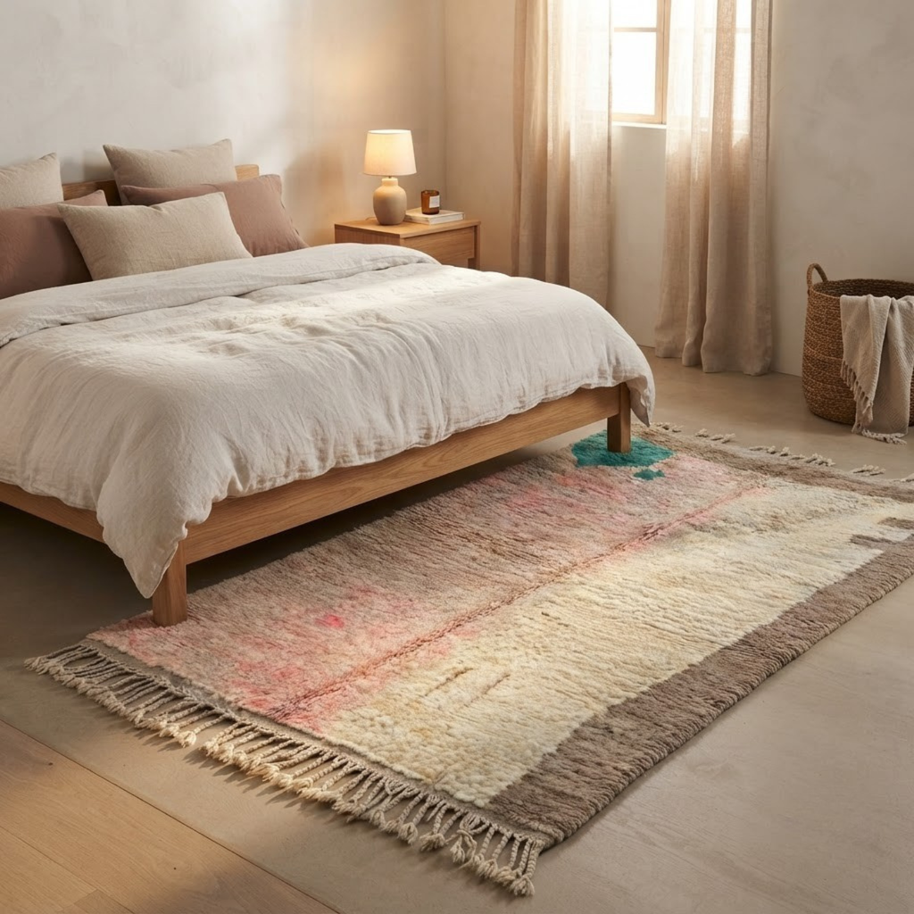 Handmade Moroccan Wool Rug Vintage Azilal / Boujaad Style | Abstract Pastel Blush, Emerald & Taupe Grey Atlas Carpet