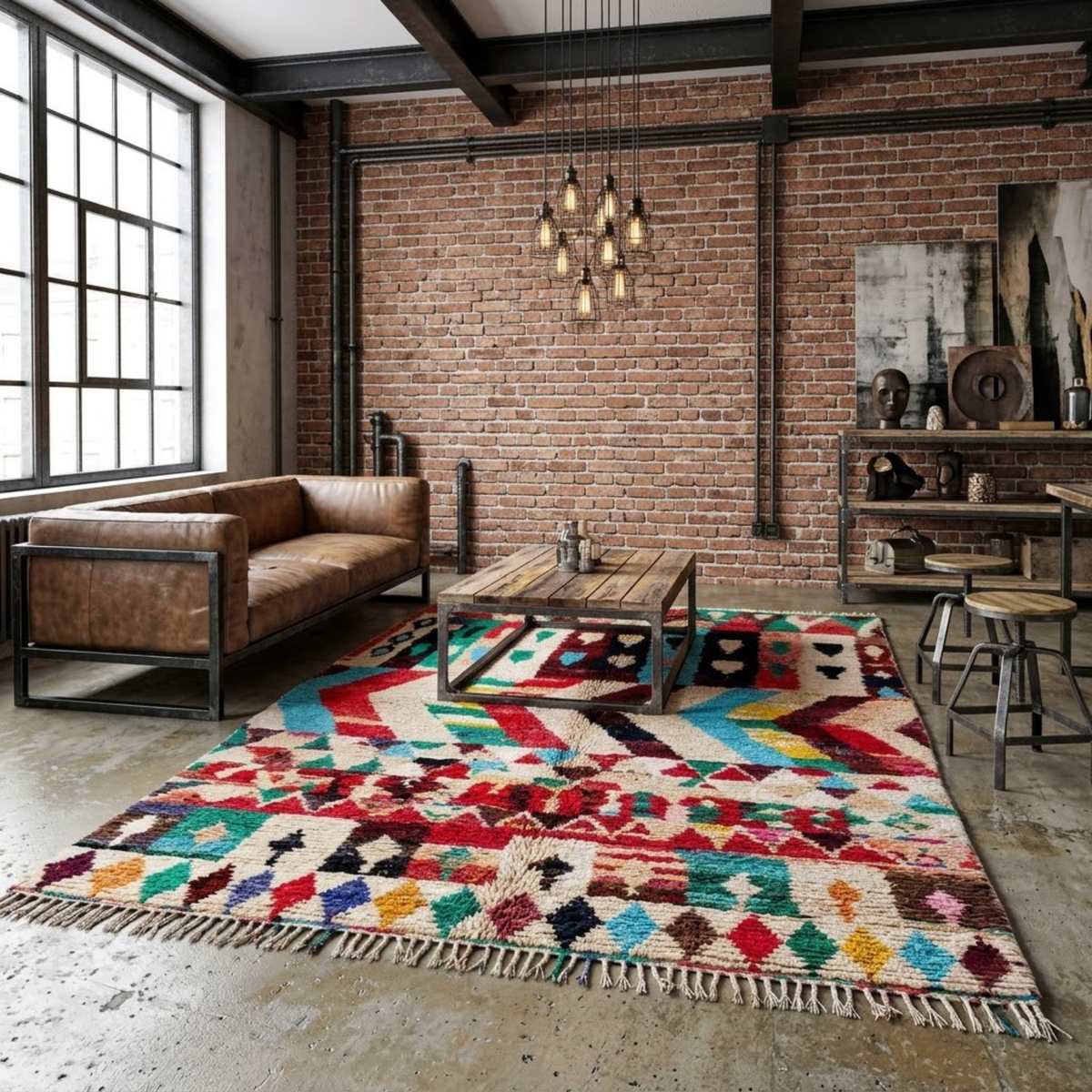 Handmade Moroccan Wool Rug Azilal Style | Vibrant Multicolor Tribal Chevron & Talisman Atlas Carpet