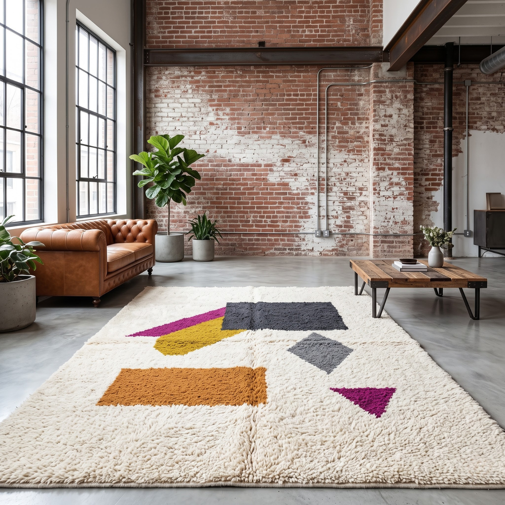 Handmade Moroccan Wool Rug Abstract Geometric Color Block | Modern Bauhaus Inspired Atlas Berber Carpet