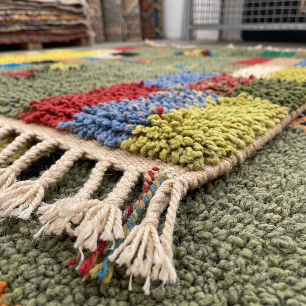 Handmade Moroccan Wool Rug Azilal Style | Sage Olive Green with Tree of Life & Berber Motifs Atlas Carpet