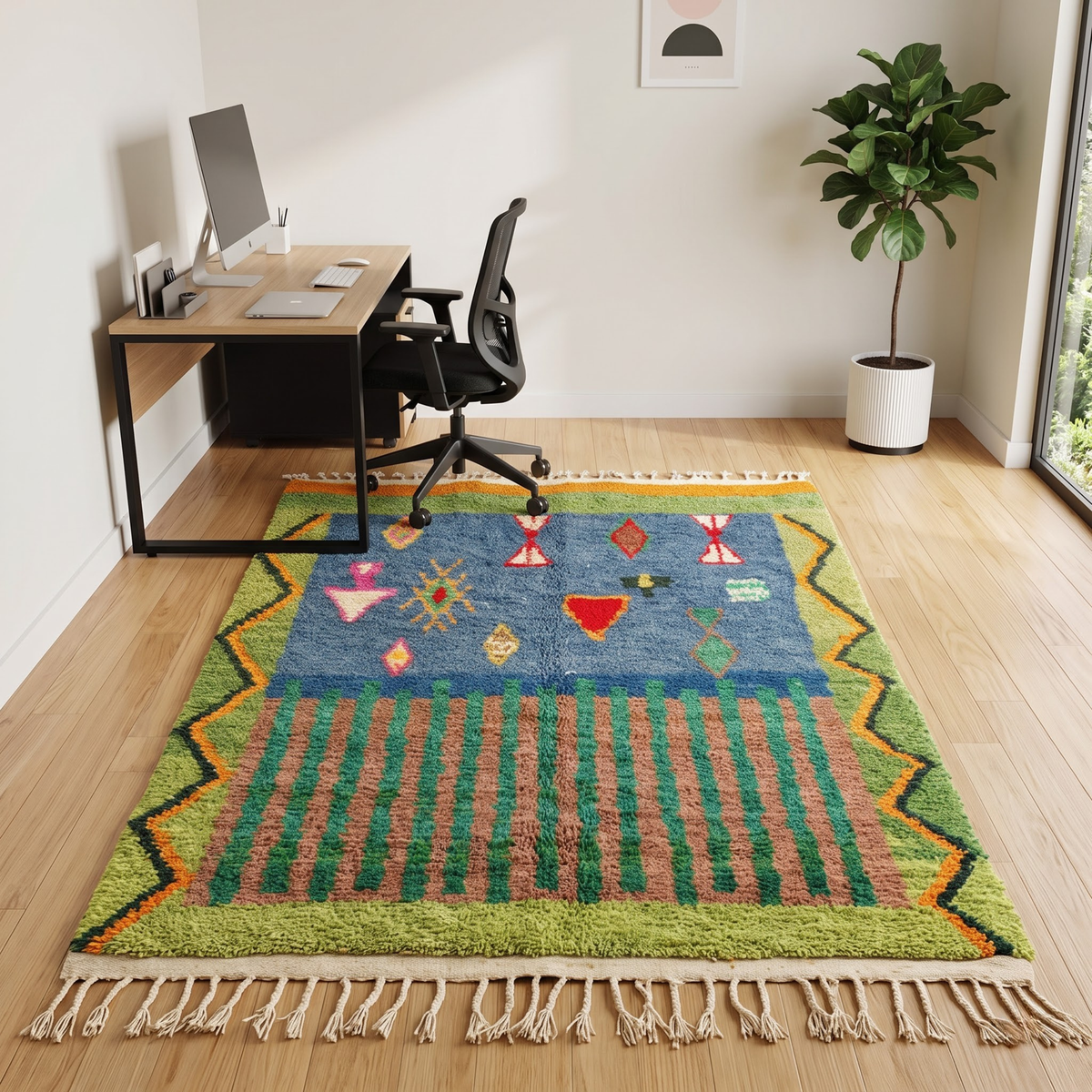 Handmade Moroccan Wool Rug Azilal Style | Starry Atlas Night Sky with Tribal Symbols in Indigo & Green