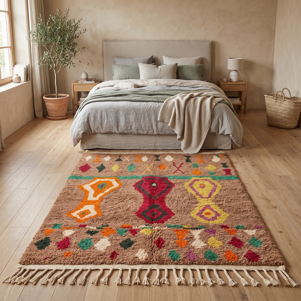 Handmade Moroccan Wool Rug Azilal / Boujaad Style | Mocha Brown Field with Tribal Urn & Talisman Motifs Atlas Carpet