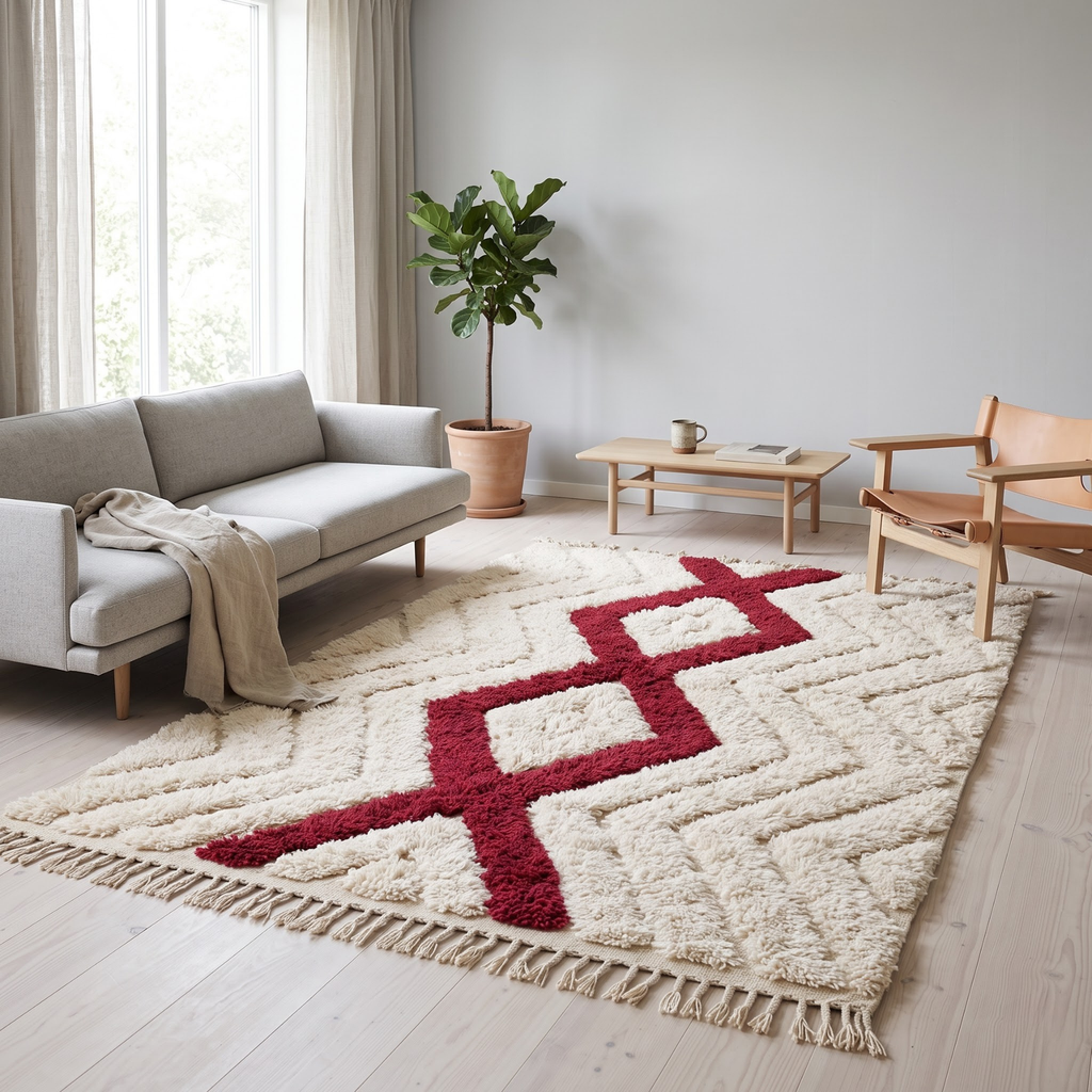 Handmade Moroccan Textured Wool Rug with Ruby Red Diamond | High-Low Atlas Berber Carpet