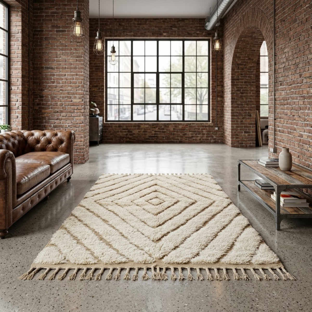 Handmade Moroccan Wool Rug Beni Ourain Style | High-Low 3D Concentric Diamond Pattern in Sand Beige & Ivory