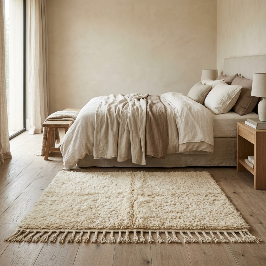 Handmade Moroccan Wool Rug Plain Beni Ourain Style | Solid Natural Sand & Cream High-Pile Atlas Carpet