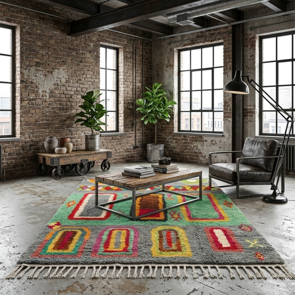 Handmade Moroccan Wool Rug Azilal Style | Architectural Portals & Arches in Slate Grey & Mint Green Atlas Carpet