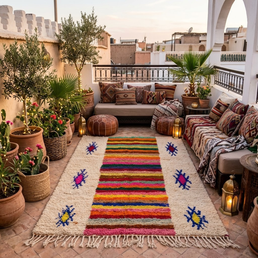 Handmade Moroccan Wool Rug Azilal Style | Multicolor Striped Center & Protective Talismans on Sand Atlas Carpet
