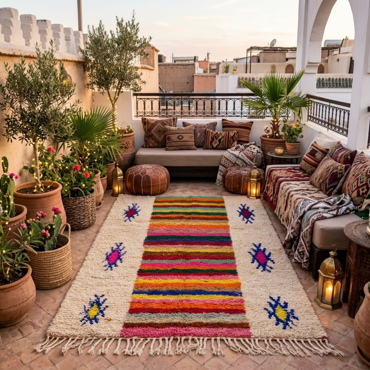 Handmade Moroccan Wool Rug Azilal Style | Multicolor Striped Center & Protective Talismans on Sand Atlas Carpet